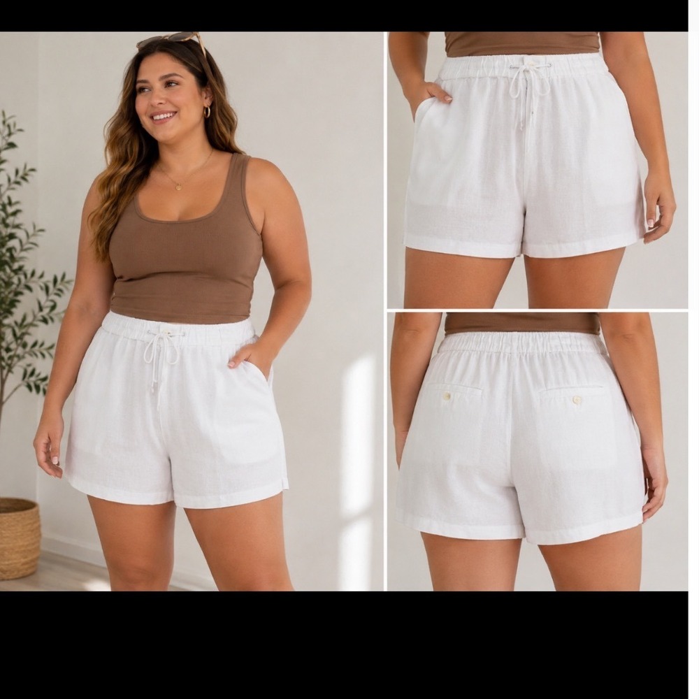 Perry Ellis White Linen Blend Drawstring Shorts Womens XXL Plus‎ Size Casual